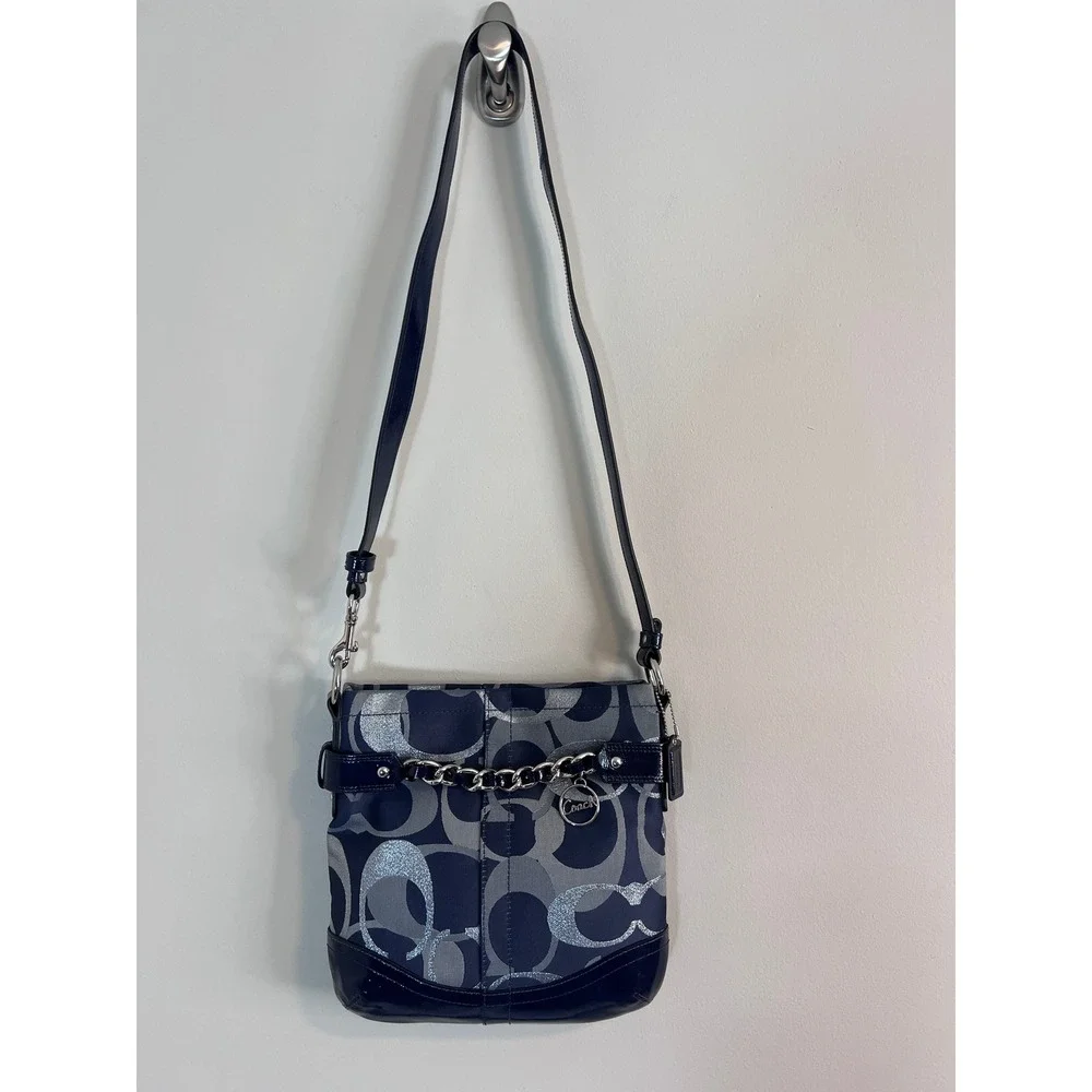 Coach Signature C Jacquard Crossbody Bag Navy Blue Silver Chain Charm Messenger